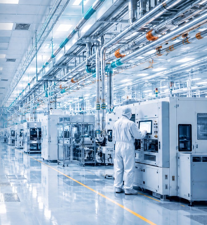 Saeroi Engineering technician inspecting semiconductor cleanroom equipment